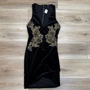 Privy Black Mini Dress with Gold Embroidery